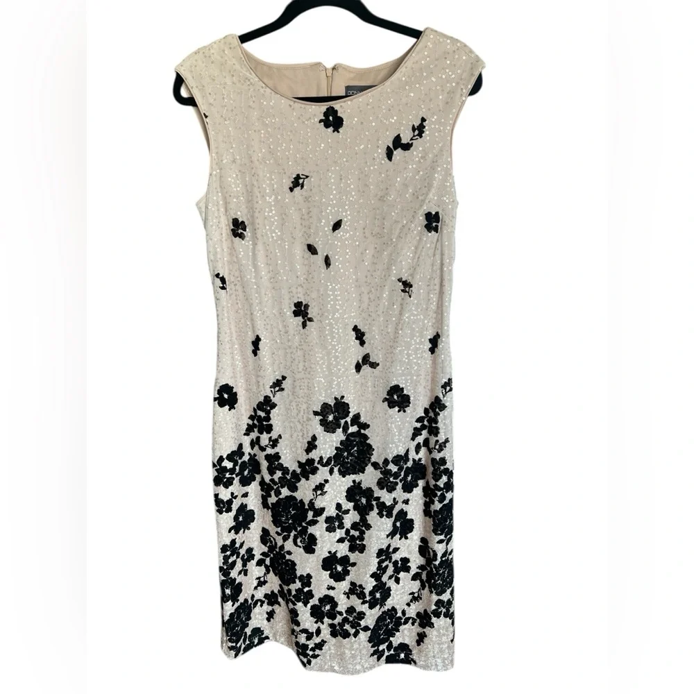Donna Ricco Sequin Floral Sheath Dress Beige Black Cocktail Midi 8 Wedding Guest - Picture 2 of 7